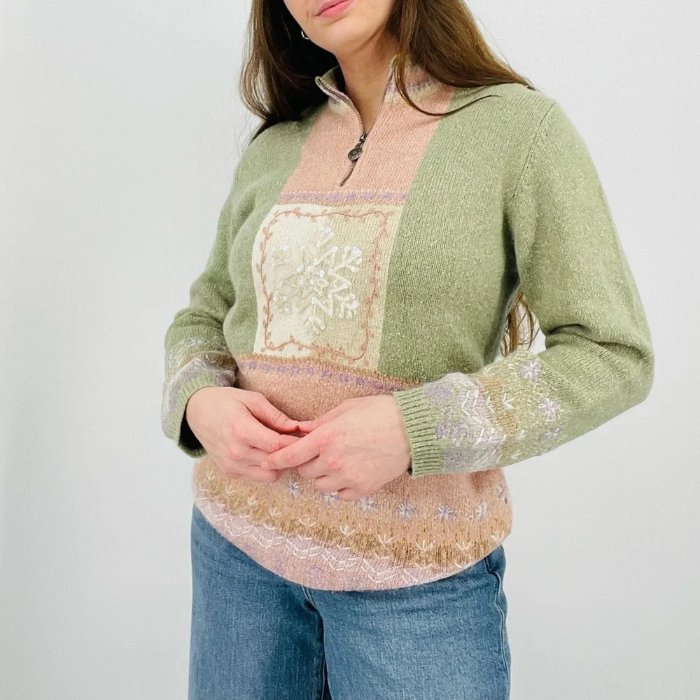 vintage pastel snowflake ramie angora rabbit blend quarter zip sweater top s - Picture 8 of 8